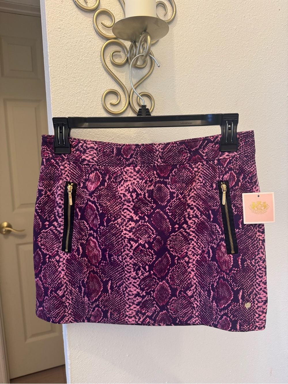 Juicy Couture Purple/Pink Snake-Print Mini Skirt with Black/Gold Zip Accents
